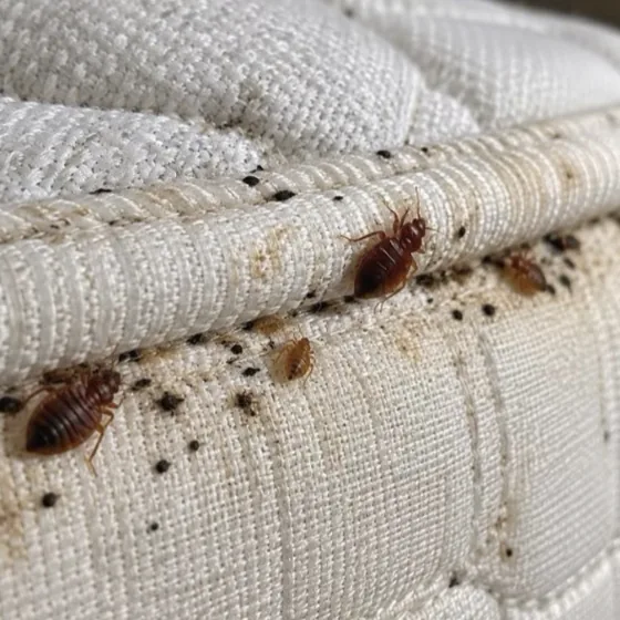 Bed bugs and dark spotting along the seam of a mattress