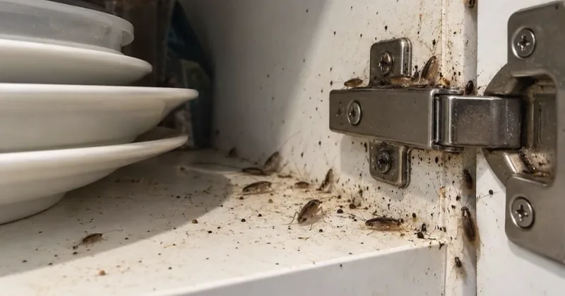 German cockroaches and droppings on a kitchen cupboard shelf next to stacked plates