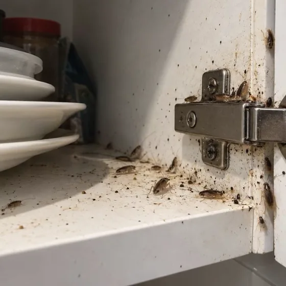German cockroaches and droppings on a kitchen cupboard shelf next to stacked plates