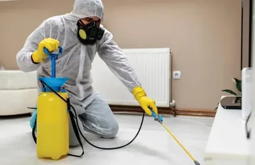 K2G technician in protective gear spraying a pest treatment inside a home