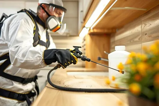 Technician applying a pest treatment along a commercial kitchen bench